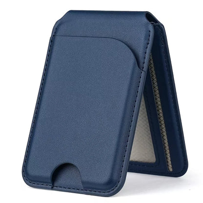 Blue PU card wallet shown in its folded stand form; shared style-reference image