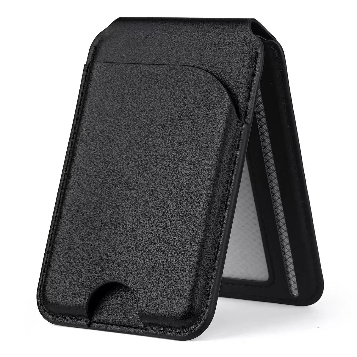 Black PU card wallet shown in its folded stand form; shared style-reference image