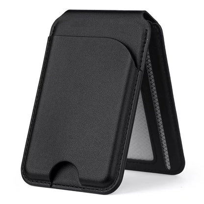 Black PU card wallet shown in its folded stand form; shared style-reference image