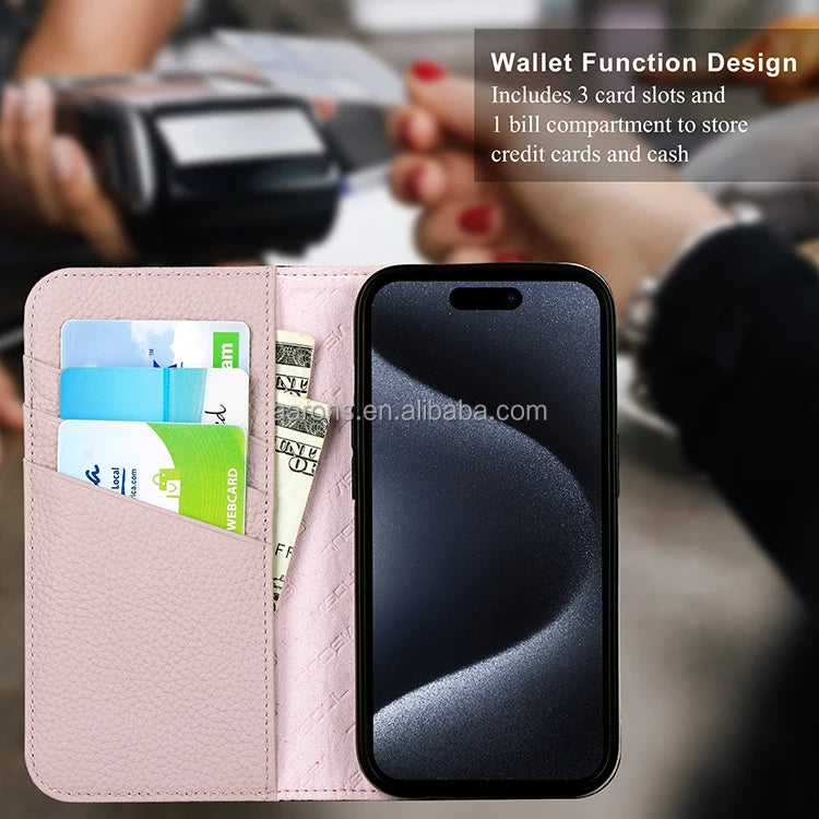 Genuine Leather Wallet Phone Case for iPhone 15 Series image 4