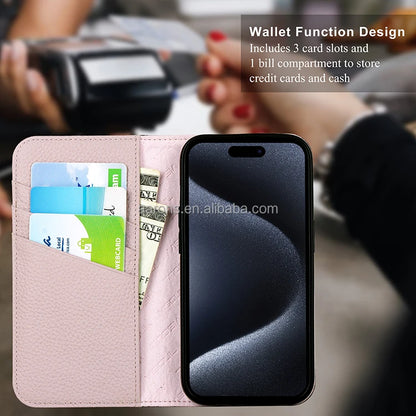 Genuine Leather Wallet Phone Case for iPhone 15 Series image 4