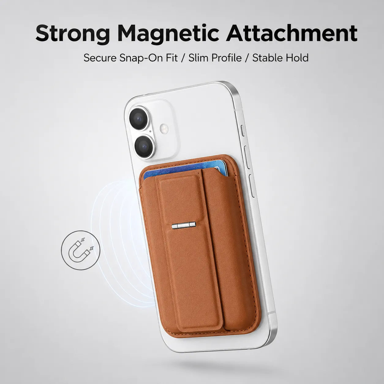 Genuine Leather MagSafe Card Holder with Magnetic Phone Stand (Wholesale/OEM Manufacturer)