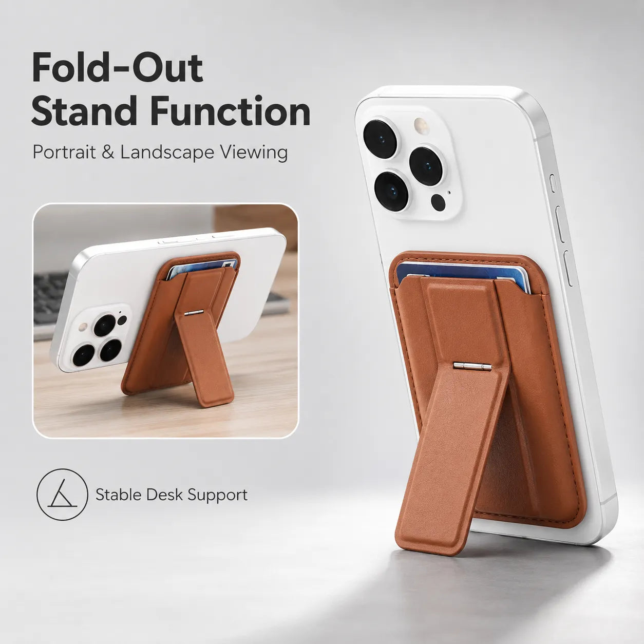 Genuine Leather MagSafe Card Holder with Magnetic Phone Stand (Wholesale/OEM Manufacturer)