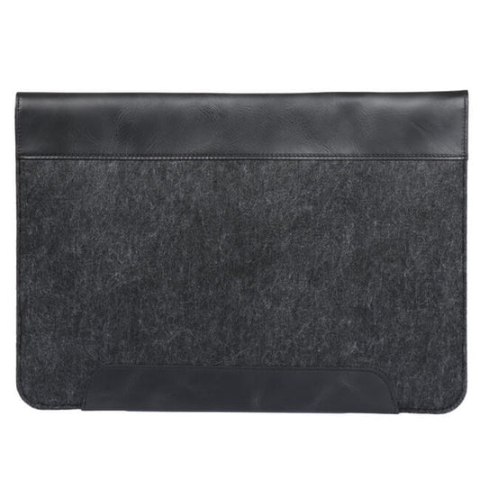 Rear view of a black leather and gray felt laptop sleeve