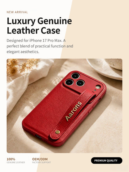 Holding Strap Custom Metal Logo Genuine Leather Phone Case Back Cover for iPhone 17 Pro Max