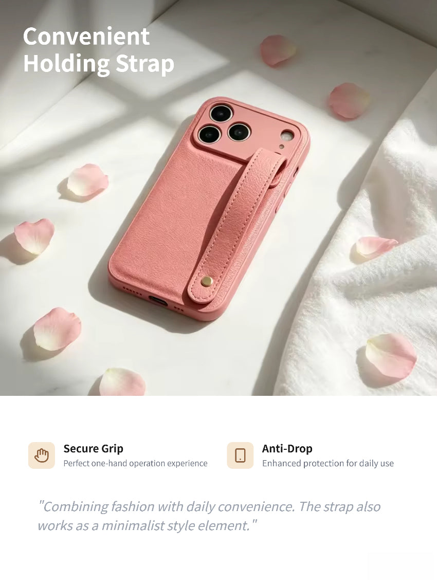 Holding Strap Custom Metal Logo Genuine Leather Phone Case Back Cover for iPhone 17 Pro Max
