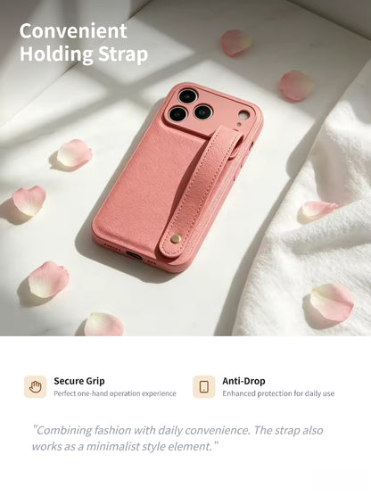 Holding Strap Custom Metal Logo Genuine Leather Phone Case Back Cover for iPhone 17 Pro Max