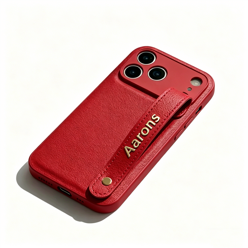 Holding Strap Custom Metal Logo Genuine Leather Phone Case Back Cover for iPhone 17 Pro Max