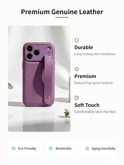 Holding Strap Custom Metal Logo Genuine Leather Phone Case Back Cover for iPhone 17 Pro Max
