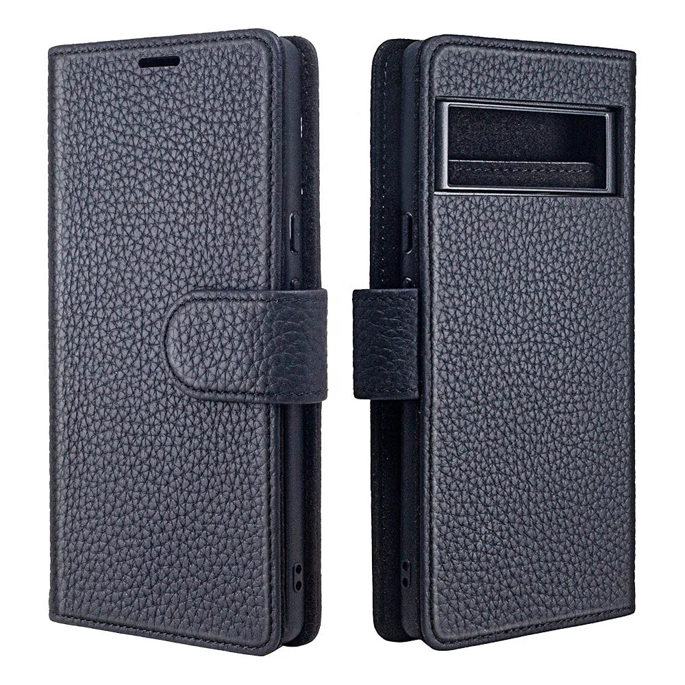 Pebble Leather Folio Card Slots Wallet Phone Case for Google Pixel 6 Series - image 1