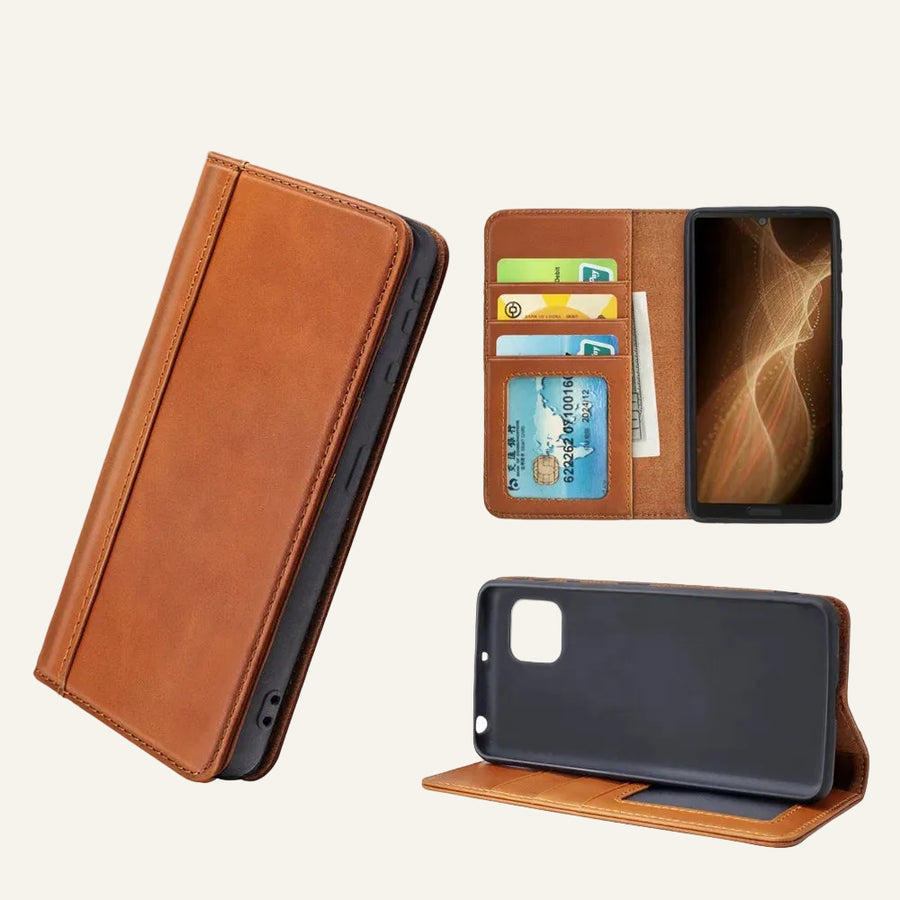 Cowhide Leather Folio Card Slots Wallet Phone Case for Sharp Aquos Series - image 1