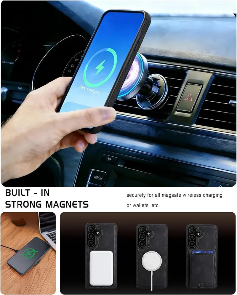Genuine Leather Magnetic Wallet Phone Case for Samsung Galaxy S26 Series - image 2