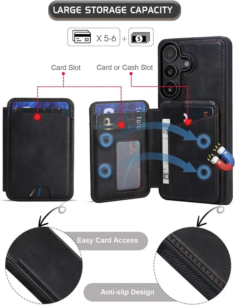 Genuine Leather Magnetic Wallet Phone Case for Samsung Galaxy S26 Series - image 4