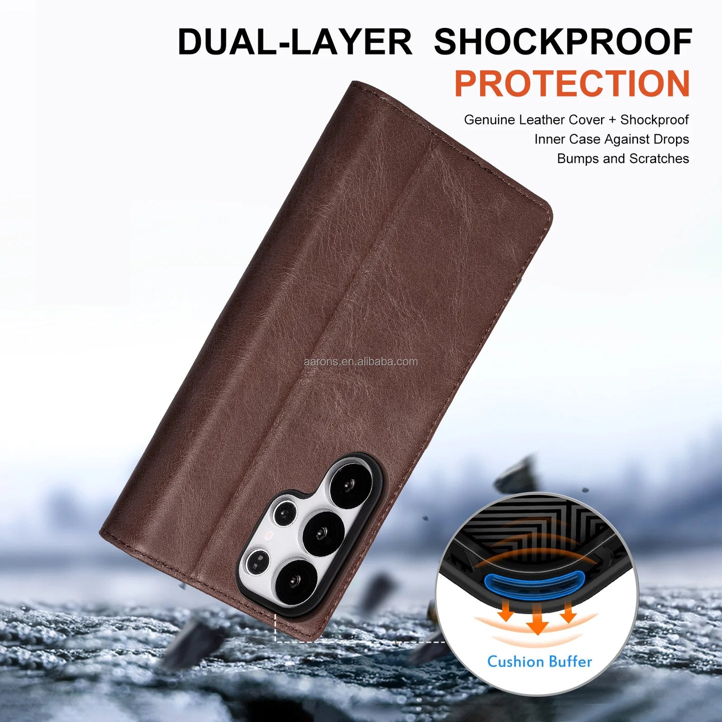 Genuine Leather Waterproof Wallet Phone Case for Samsung Galaxy S25 Series - image 2