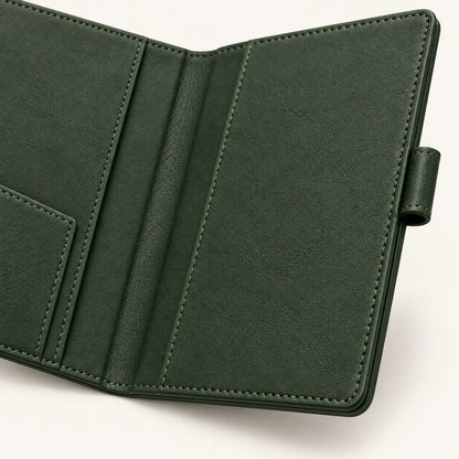 Forest green A5 leather notebook cover, stitched edge and pen-loop detail