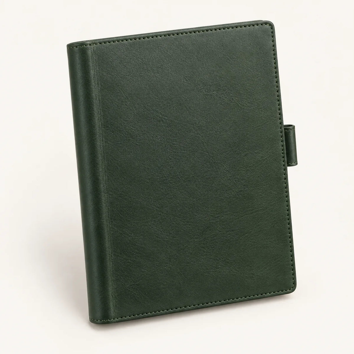 Forest green A5 leather notebook cover, closed front view