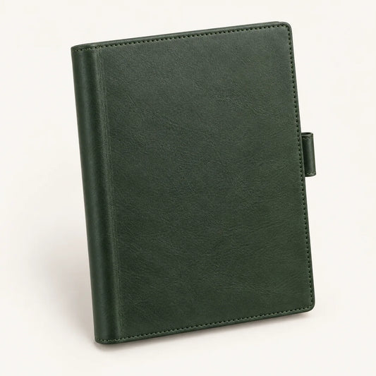 Forest green A5 leather notebook cover, closed front view