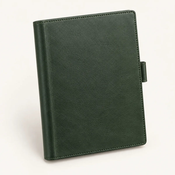 Forest green A5 leather notebook cover, closed front view