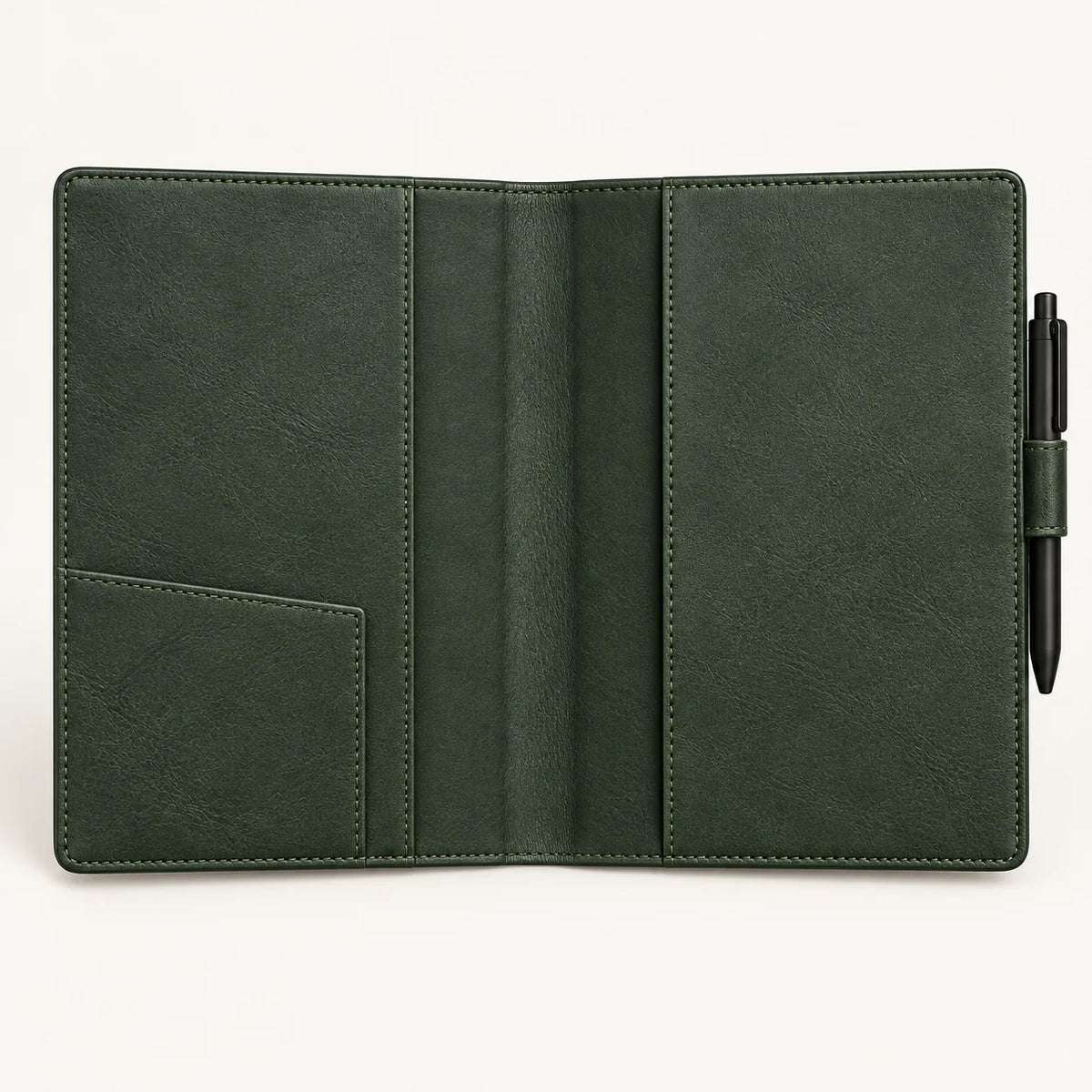 Forest green A5 leather notebook cover, interior organizer pockets and pen loop