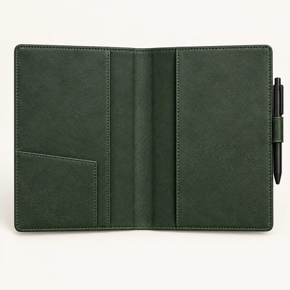 Forest green A5 leather notebook cover, interior organizer pockets and pen loop