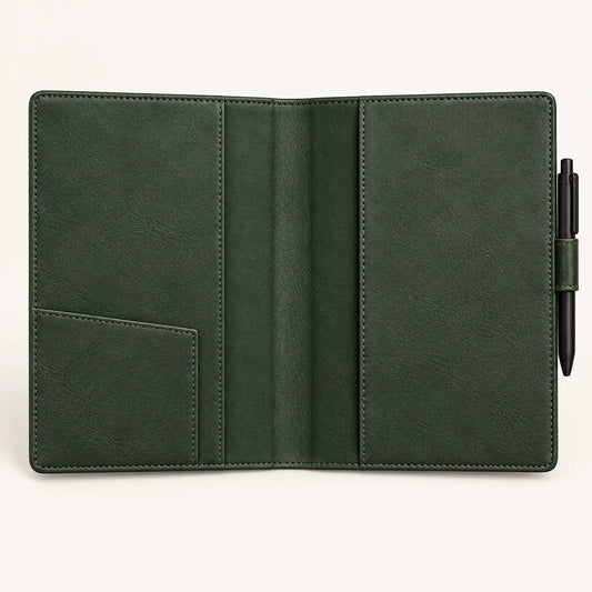 Forest green A5 leather notebook cover, interior organizer pockets and pen loop