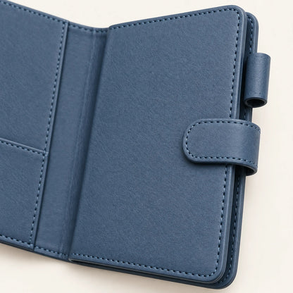 Slate blue A6 leather notebook cover, side-tab, pen-loop and stitched-edge detail