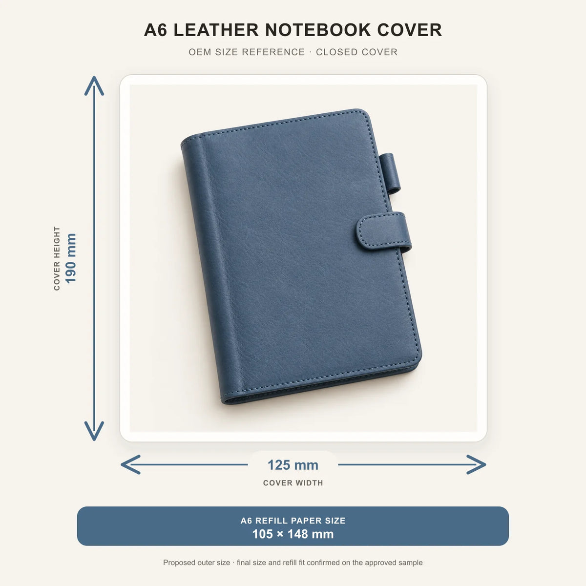 A6 leather notebook cover size reference, 125 by 190 mm