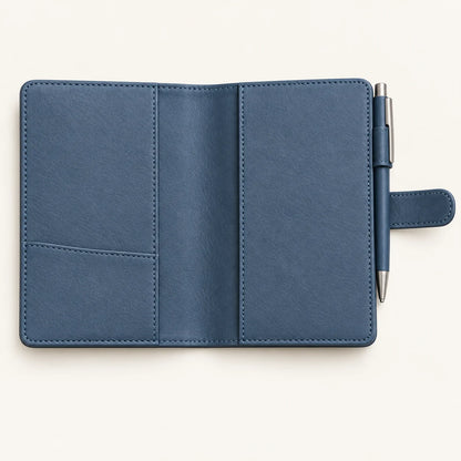 Slate blue A6 leather notebook cover, interior pockets, side tab and pen loop