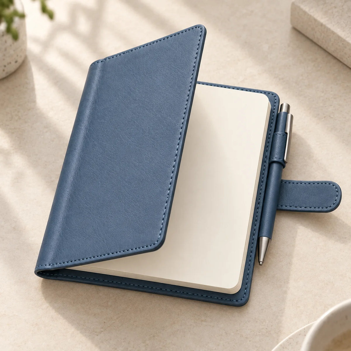 Slate blue A6 leather notebook cover with blank refill on a desk