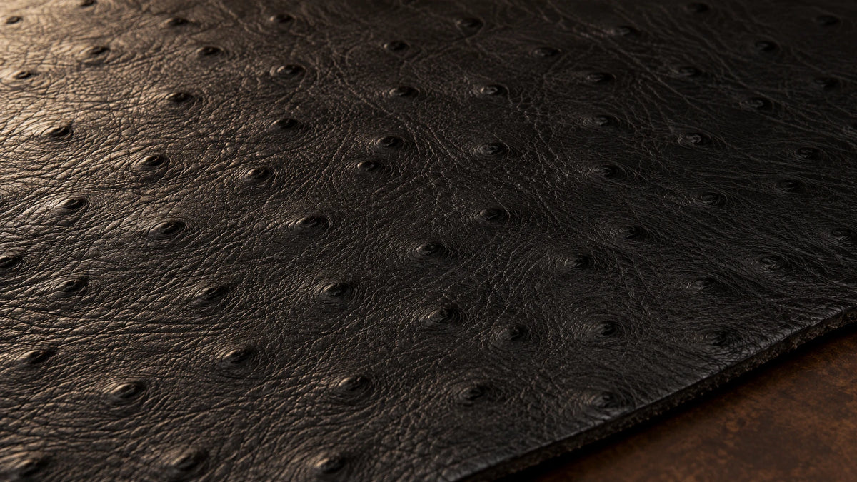 Black ostrich leather surface with raised quill markings