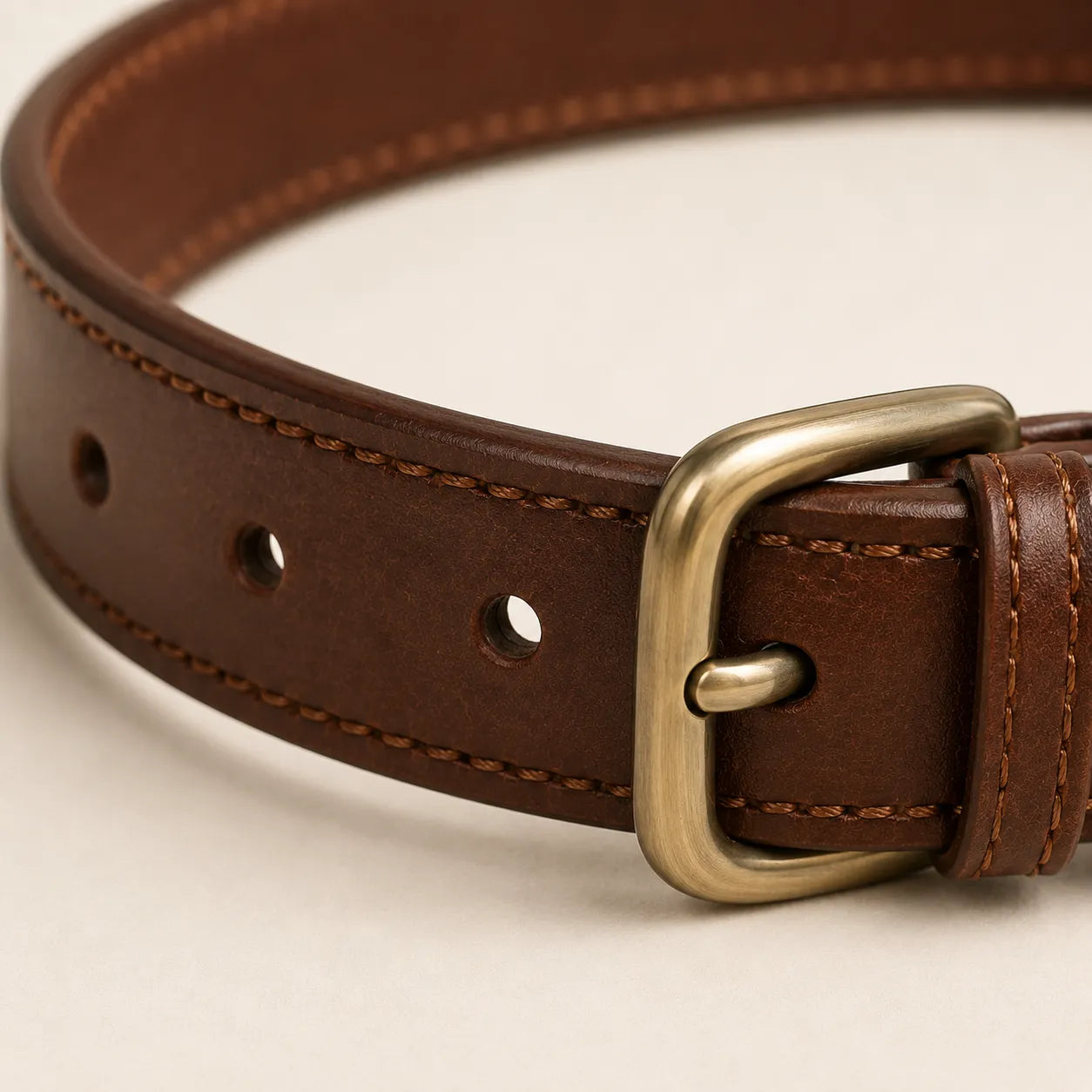 Leather texture stitching and adjustment holes on classic dog collar
