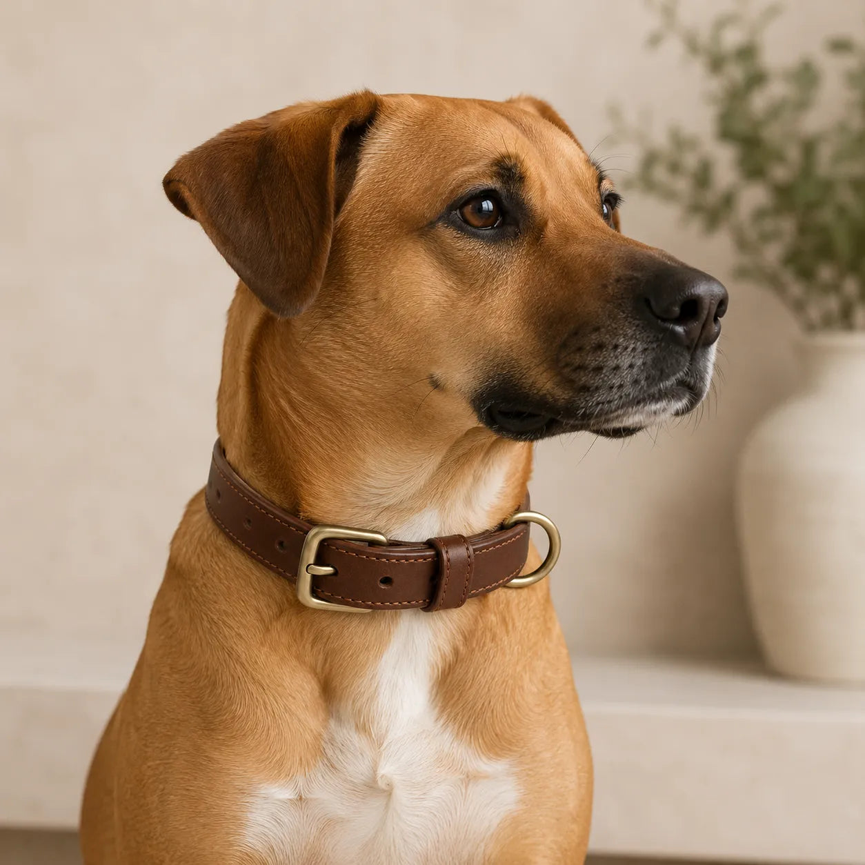 Dog wearing classic brown leather collar concept sample