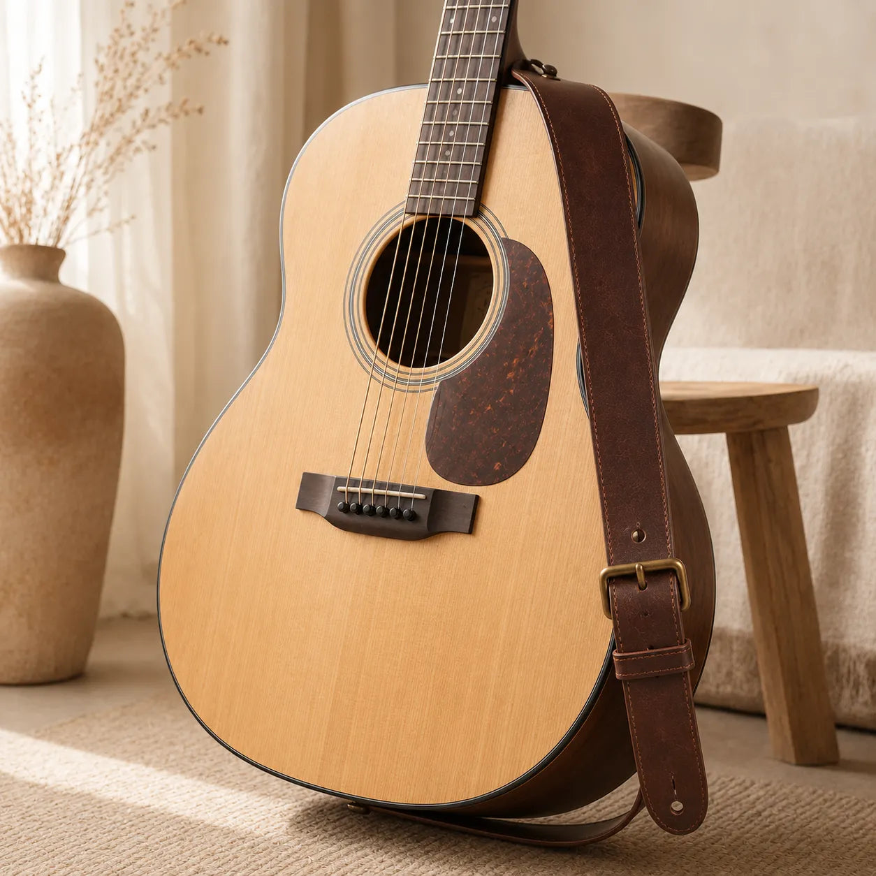 Classic brown leather guitar strap attached to guitar concept sample