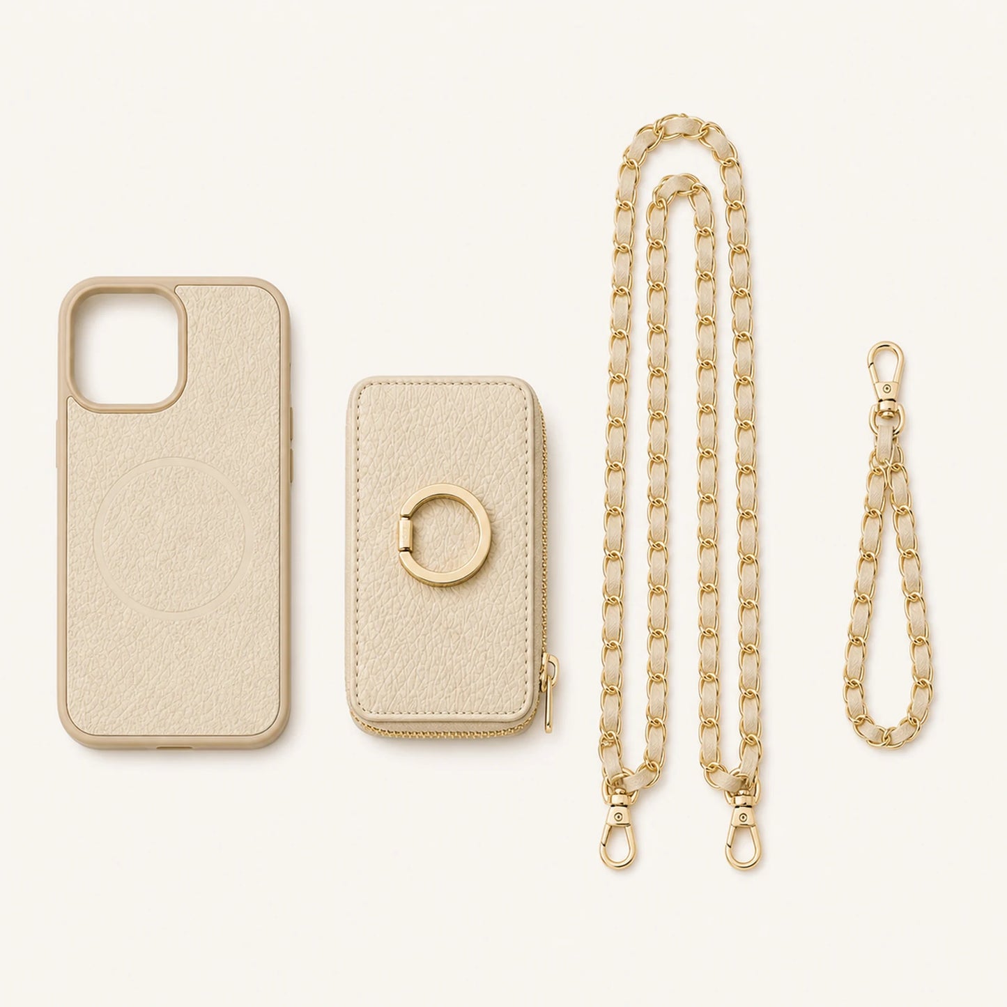 Custom Chain Strap Magnetic Wallet Phone Case components and strap layout
