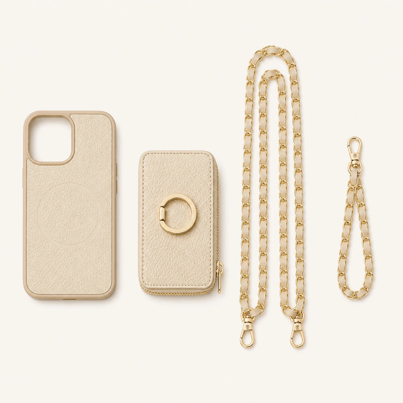 Custom Chain Strap Magnetic Wallet Phone Case components and strap layout
