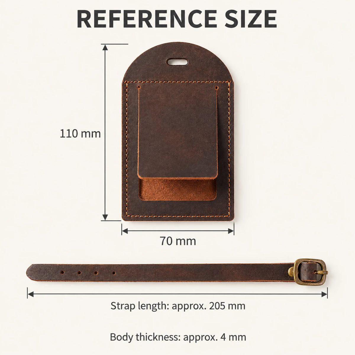 Arched luggage tag reference dimensions: 110 by 70 by approximately 4 mm; detachable strap approximately 205 mm laid flat