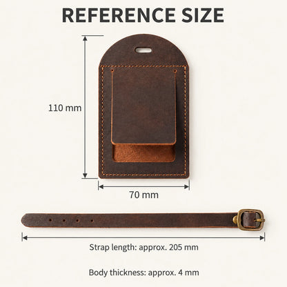 Arched luggage tag reference dimensions: 110 by 70 by approximately 4 mm; detachable strap approximately 205 mm laid flat