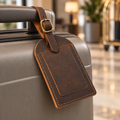 Arched-top leather privacy luggage tag attached to a suitcase handle; suitcase not included