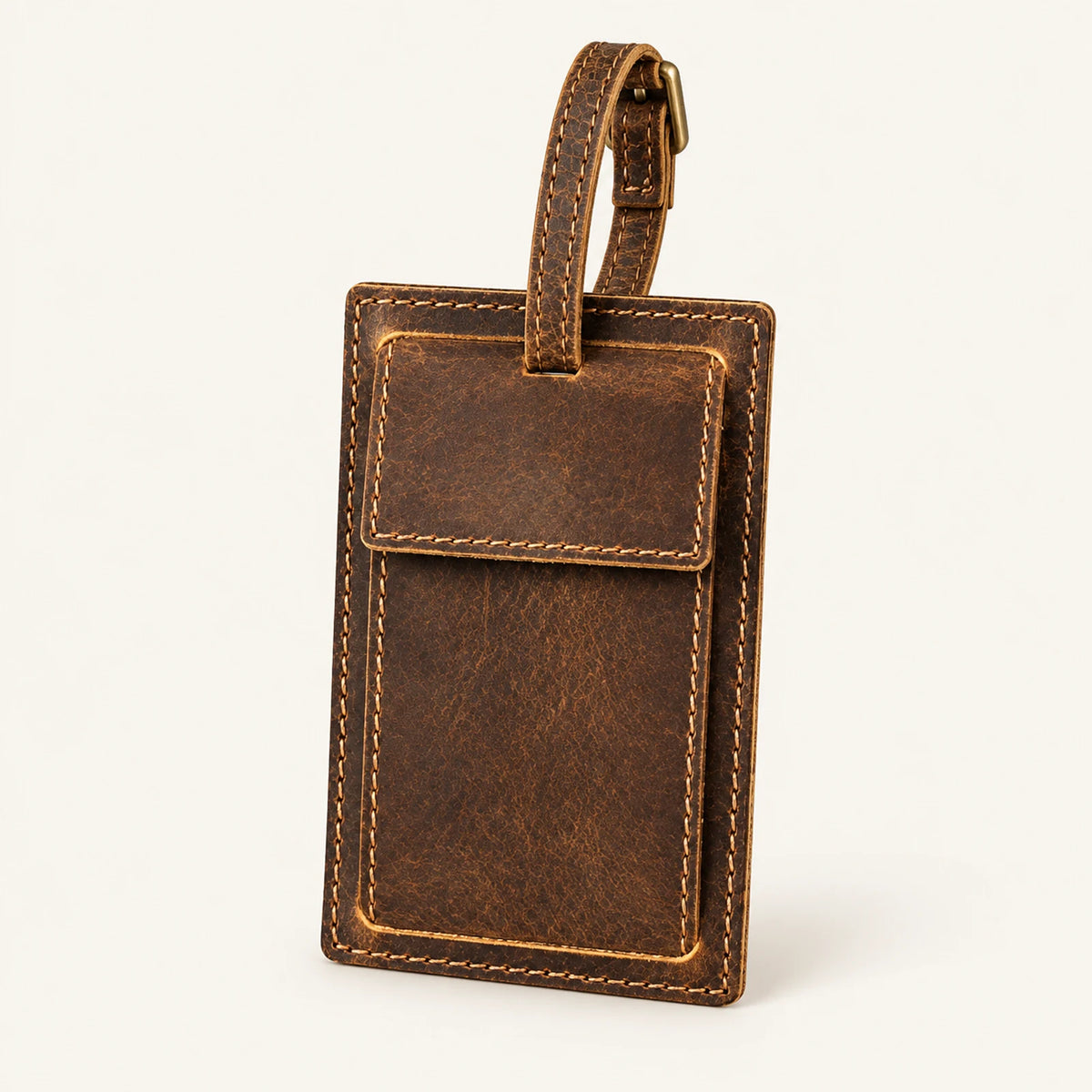 Brown crazy horse cowhide luggage tag with rectangular snap privacy cover and buckle strap
