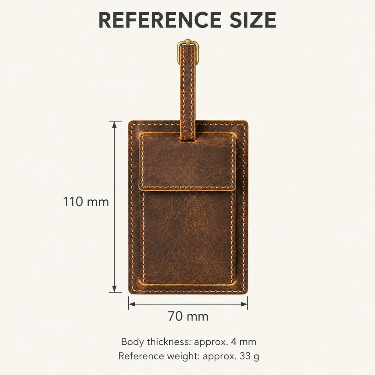 Reference body dimensions of rectangular luggage tag: 110 by 70 by approximately 4 mm; reference weight approximately 33 g