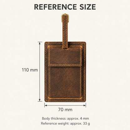 Reference body dimensions of rectangular luggage tag: 110 by 70 by approximately 4 mm; reference weight approximately 33 g