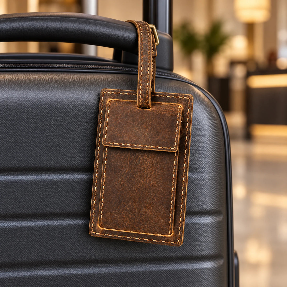 Rectangular snap-cover crazy horse leather luggage tag attached to a suitcase handle; suitcase not included