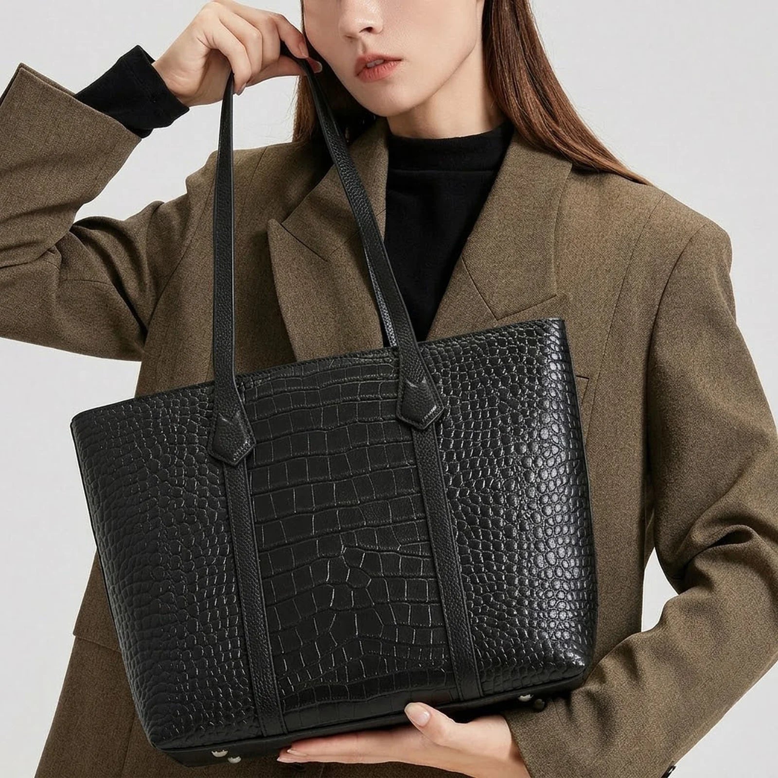 Crocodile-Embossed Work Tote Bag custom OEM reference 5588 - angled view
