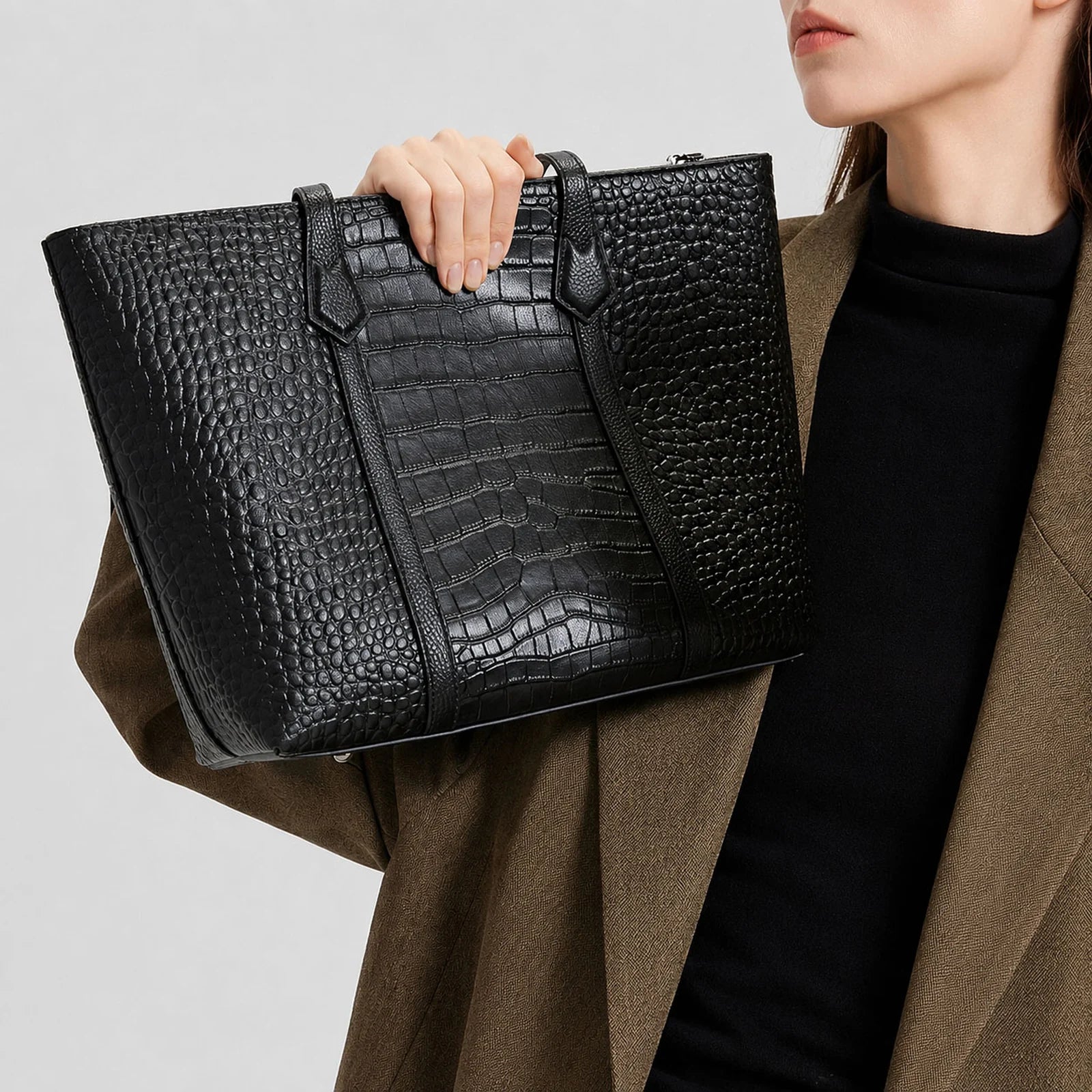 Crocodile-Embossed Work Tote Bag custom OEM reference 5588 - side or carry view