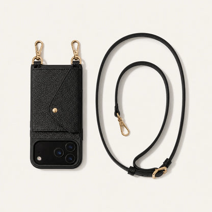 Custom Fixed Card Wallet Crossbody Phone Case components and strap layout