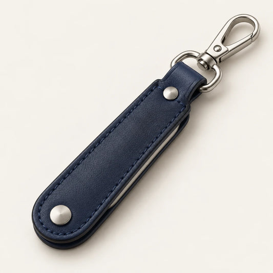 Closed navy leather folding bottle opener keyring with silver-tone swivel spring clip
