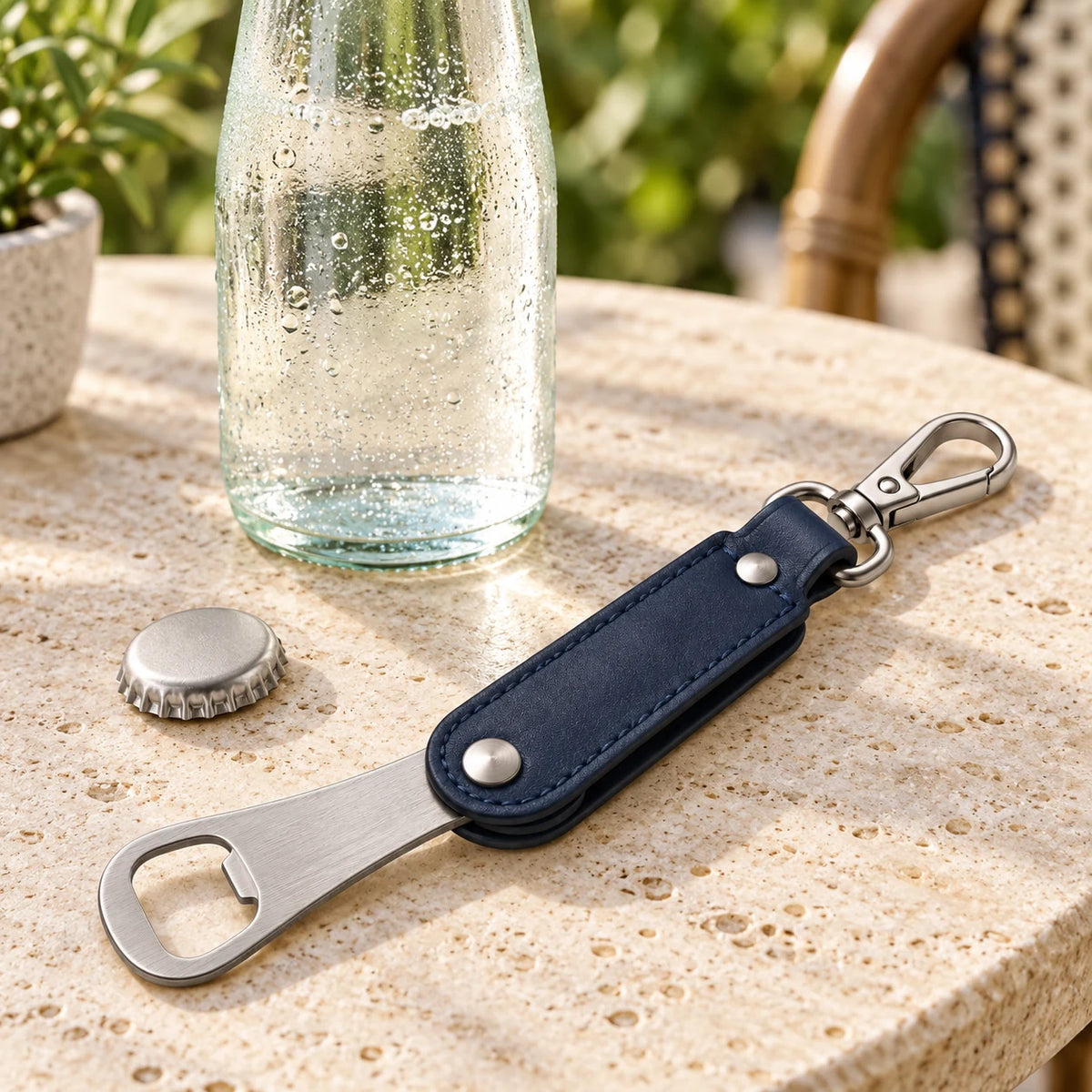 Open leather bottle opener keyring beside a plain bottle and cap; props not included