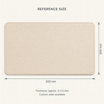 Reference dimensions of genuine leather tray mat: 300 by 200 mm, approximately 2 to 2.5 mm thick