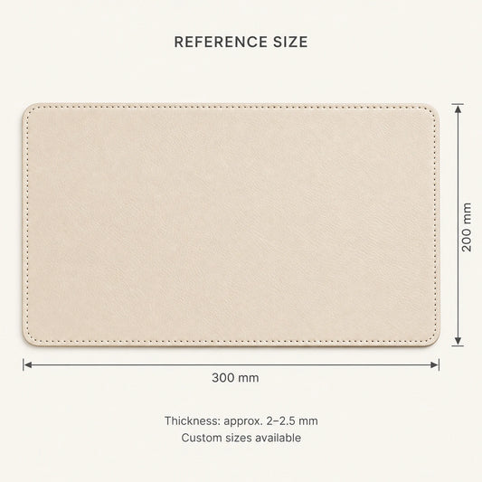Reference dimensions of genuine leather tray mat: 300 by 200 mm, approximately 2 to 2.5 mm thick