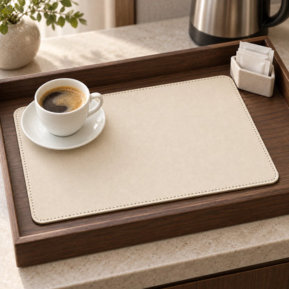 Genuine leather tray liner shown inside a separate wooden hospitality tray; serving props not included